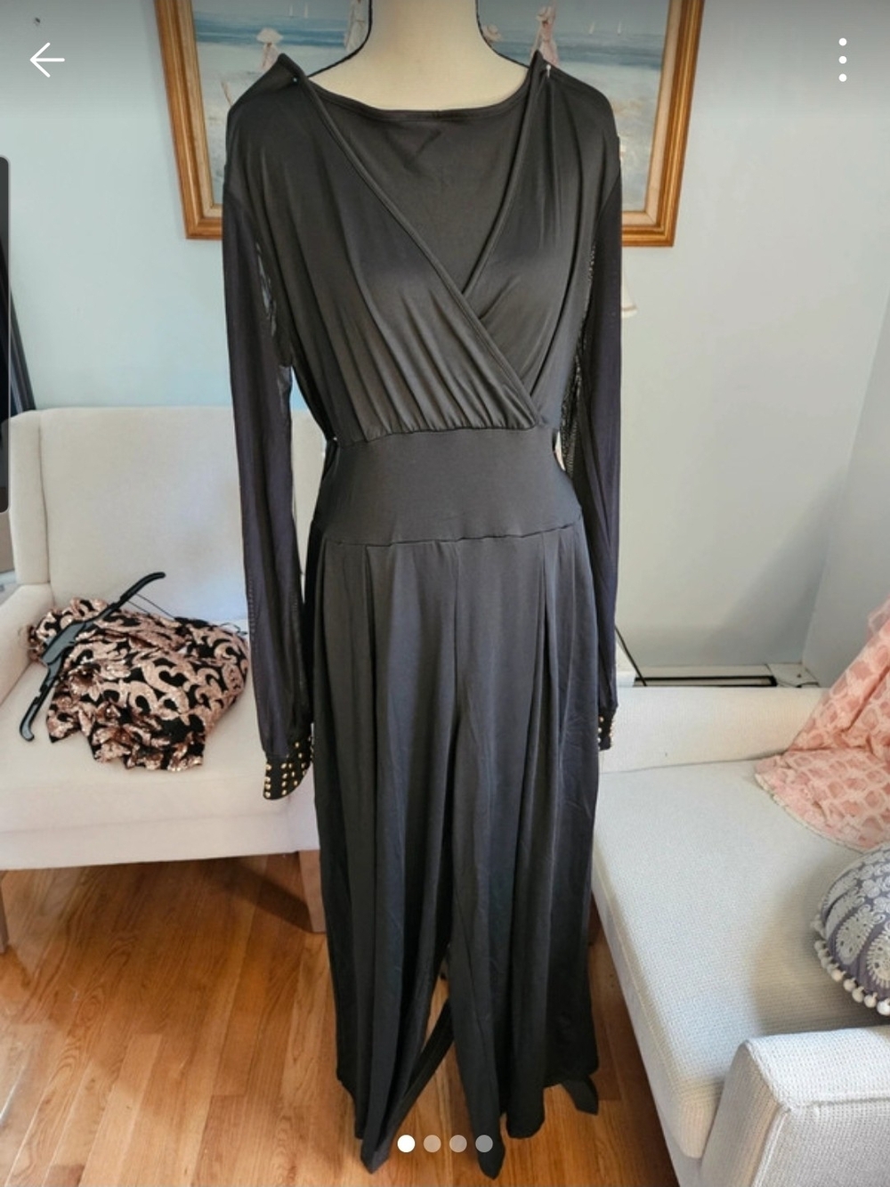 Black Long-Sleeve Wrap Jumpsuit with Wide Legs